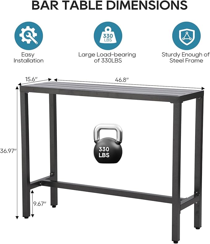 Outdoor Bar Table, Patio Console Pub Height Tables with Powder Coated Steel Frame, Weather Resistant Waterproof Top for Hot Tub, Balcony, Garden, Yard, Poolside (Grey, 47" Narrow Bar Table)