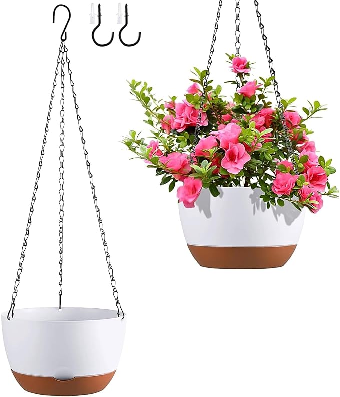 Hanging Planters for Indoor Plants, Set of 2 8/10 Inch Self-Watering Hanging Pots with Drainage Hole & Removable Water-Storage Tray II Screw-in Hooks