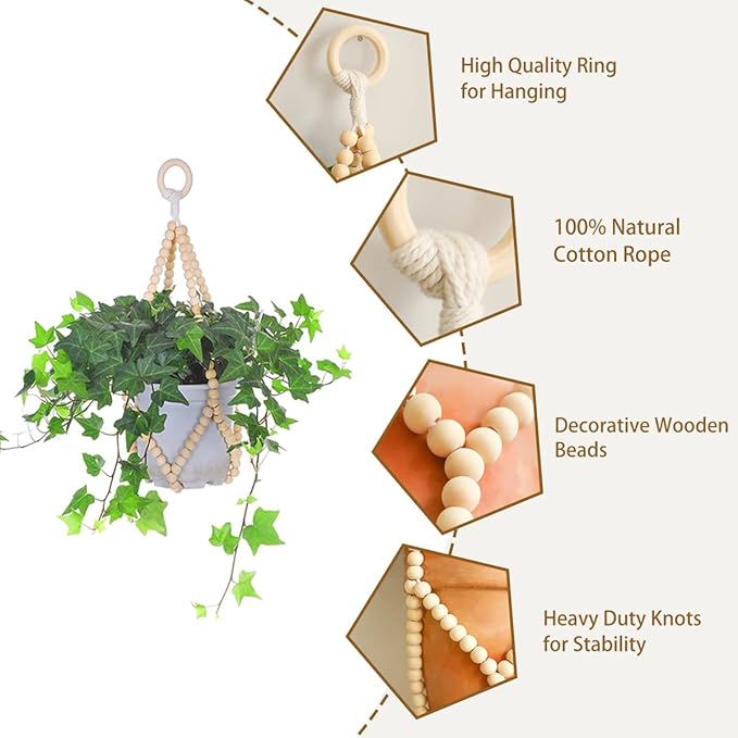 Artilady 2 Pack Beaded Plant Hanger Indoor - Macrame Hanging Planters for Plants Holder No Tassels with Wooden Beads Boho Farmhouse Rustic Home Decor (Wood Color Bead-2pcs)