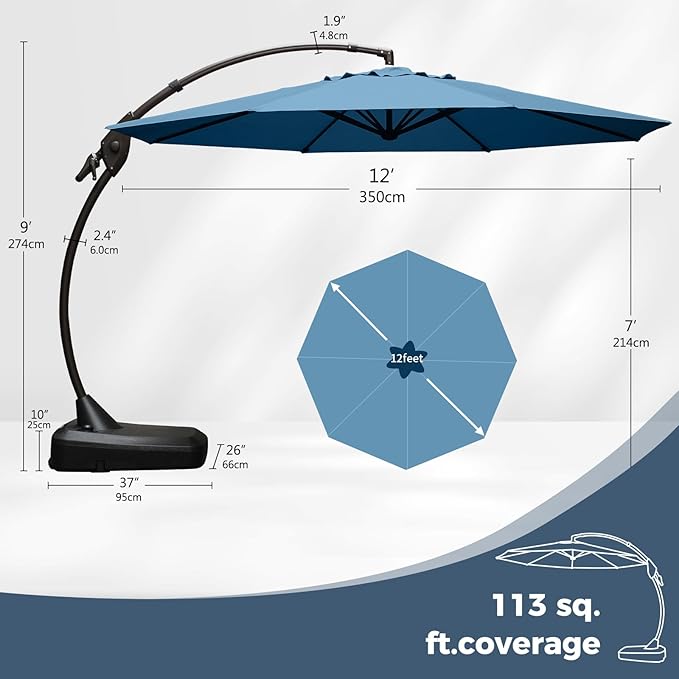 Grand patio 12 FT Sunbrella Cantilever Umbrella with Base Outdoor Aluminum Offset Umbrella with Tilt Adjustment (Sapphire Blue, 12 FT-SUNBRELLA)