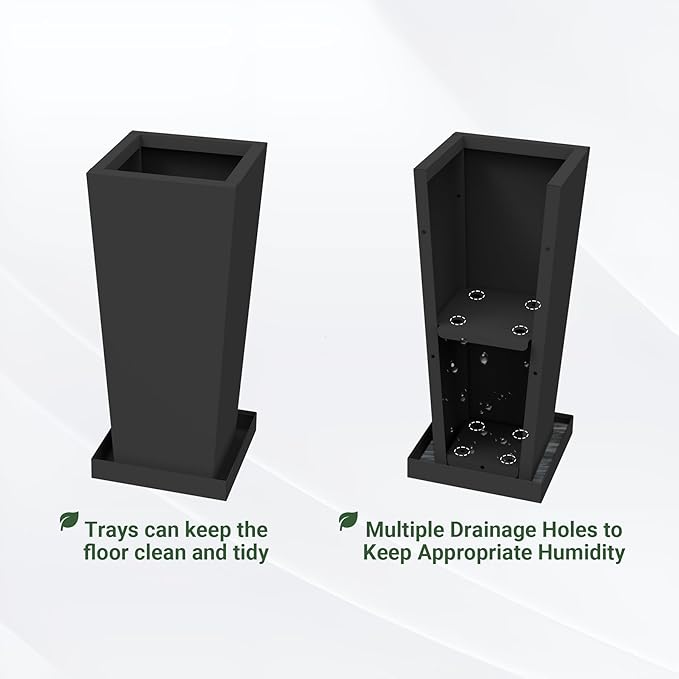 Tall Planters 20" H - 2 Pack, Tapered Pots with Drainage Insert Shelve & Trays, Metal Outdoor Planter Box for Porch, Garden, Patio, Yard (Black)