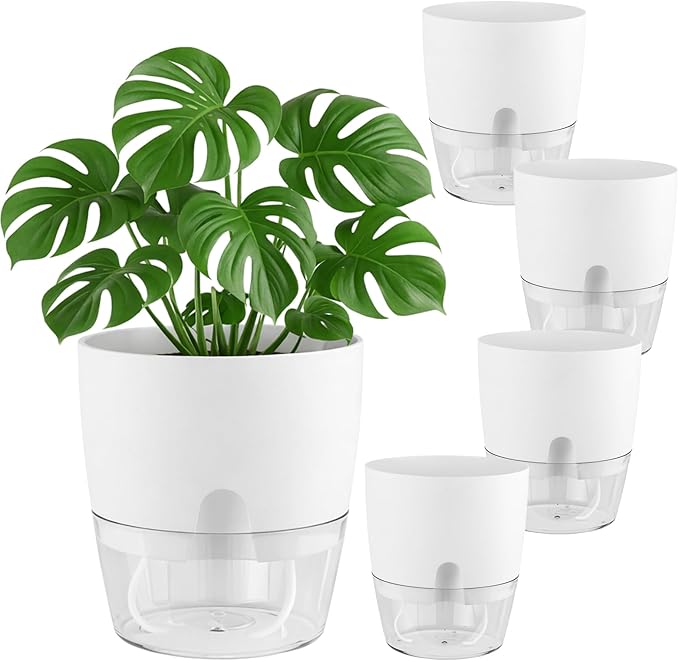 Planterhoma 5 Pack Self Watering Pots for Indoor Plants, 9 Inch Plant Pot Plastic Self Watering Planter for Orchid, Monstera, Lily, Large Clear Flower Pots with Drainage Holes and Wicking Rope, White