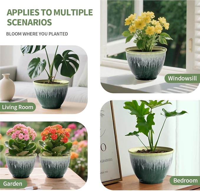 Flower Pots, 8 Inch Plastic Plant Pots for Plants, Set of 4 Planter for Indoor Outdoor Plants with Drainage Hole, Sleek Small Nursery Planting Pot for Home Garden Outdoor Planters(Green Glaze)
