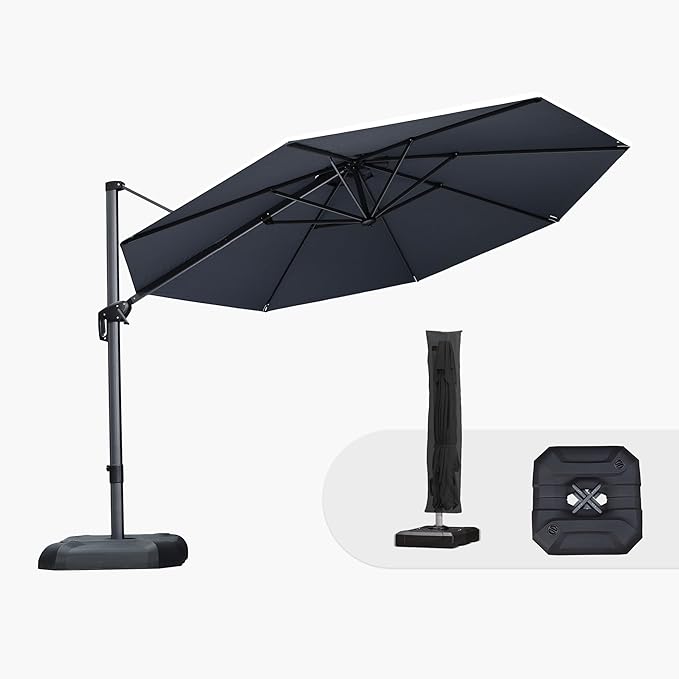 PURPLE LEAF 11 Feet Patio Umbrella with Base and Cover Round Outdoor Cantilever Umbrella Aluminum Offset Umbrella with 360-degree Rotation for Garden Deck Pool Patio Grey