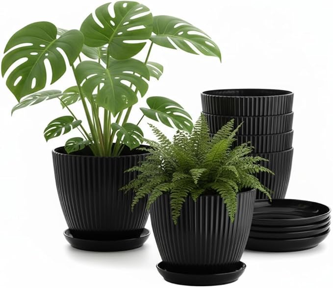 7.5 Inch Black Thickened Plastic Plant Pots with Saucers, 6-Pack Modern Seedling Planters for Indoor Outdoor Plants, Durable Heavy-Duty PP Material for Herbs Flowers Vegetables (＜8 inch)