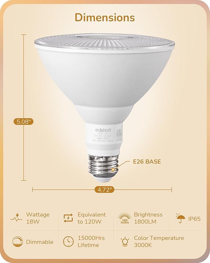 EDISHINE Flood Lights Outdoor, Dimmable PAR38 LED Outdoor Flood Light Bulbs, 120W Equivalent, IP65 Waterproof for Yard, Garage, Porch, 3000K Warm White, 18W 1800LM, E26 Base, 6 Pack ETL Listed