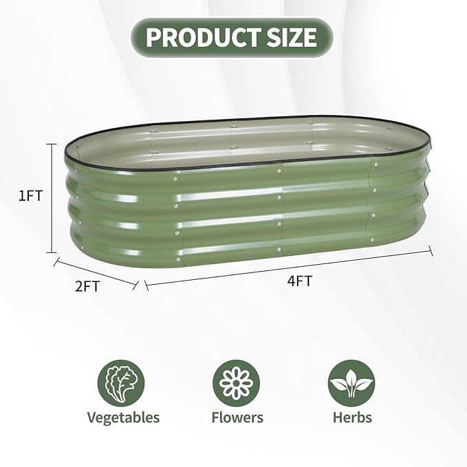 1MORE Galvanized Raised Garden Bed- Planter Garden Boxes Outdoor, Raised Beds for Gardening, 4x2x1ft Metal Garden Bed Kit for Vegetables Flower, Planter Raised Beds with Tools.Green