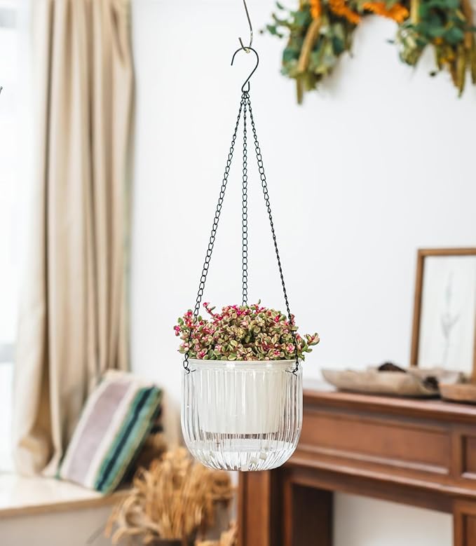 Josteve 6.5 Inch 2 Pcs Self Watering Hanging Planter Indoor Plant Pots Drainage Holes, Outdoor Hanging Planters Flower Pot Basket, Visible Water Level, Plant Hanger Home Decor, Gardening
