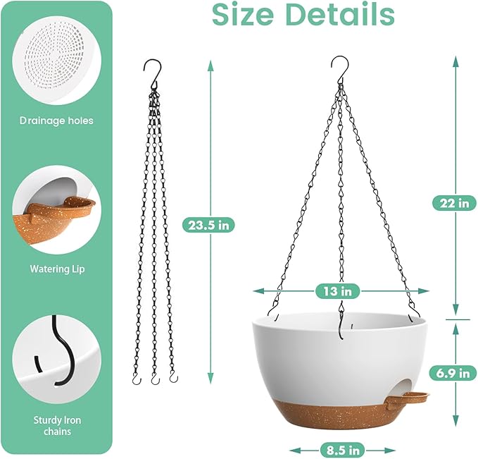 13 Inch 2 Pack Large Self Watering Hanging Planters for Indoor Outdoor Plants, Hanging Plant Pots with Removable 50 Oz Reservoir, Plastic Hanging Basket for Window Porch Garden, White with Brown