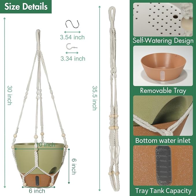 Self-Watering Hanging Planters for Indoor Plants Set 2-Piece Includes Plant Hanging Pot, Drainage-Hole Hanging Pot, and Hanging Basket Rack (10 Inches, Green)