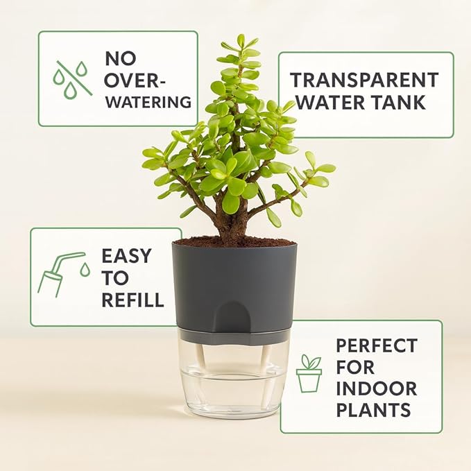 Self Watering Planter Pot with Upgraded Wick System – Modern Indoor Plant Pot with Visible Water Reservoir