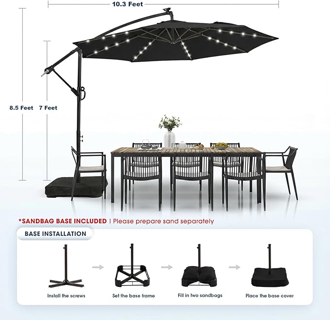 wikiwiki 10ft Solar LED Patio Umbrella with Base Included, Offset Umbrella with Weighted Sandbag Base, Cantilever Patio Umbrellas for Backyard, Garden & Deck, 32 LED Lights & Polyester Shade, Black