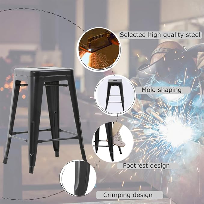 FDW Metal Bar Stools Set of 4 Counter Height Bar Stools 24 Inches Industrial Bar Chairs Patio Stool Stackable Backless Stool Indoor Outdoor Metal Kitchen Stools Bar Chairs (Black Set of 2, 24")