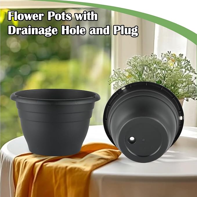 3 Pack 11 Inch Plant Pots,Plastic Flower Pots with Drainage Holes,Lightweight Durable Planters for Indoor Outdoor Plants,Modern Decorative Pots for Patio Garden(Black)