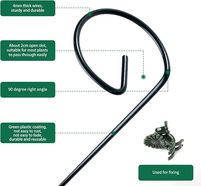 12 Pack Plant Support Stakes with 24 Pcs Plant Clips, Garden Single Stem Support Stake, Plant Cage Support Ring for Indoor Outdoor Flowers Rose Amaryllis Tomatoes Peony Lily Orchid (24 Inch)