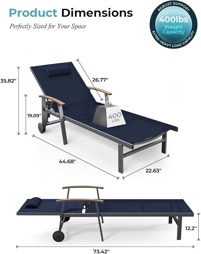 Ciokea Outdoor Lounge Chair with Pillow, 5-Position Aluminum Chaise Lounge with Wheels & Armrests, 400 lbs Heavy Duty Patio Pool Chair for Deck, Backyard, Beach & Poolside, Navy Blue