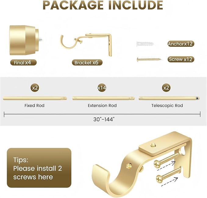 Gold Curtain Rod Itself is 30-144 inch 2 Pack, Fit 30 to 142, 66 to 120 inch Windows with 1 Inch Diameter, Splicing Extra Long Heavy Duty Adjustable Telescopic Rod