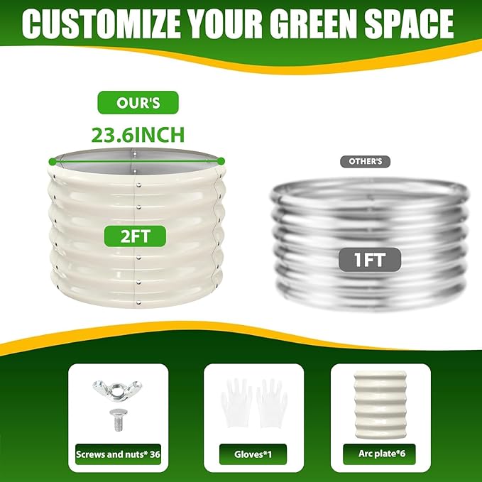 17" Tall Elevated Round Metal Rised Garden Bed- 2'x2' in Size and 0.8MM Thick Durable Planter Box for Vegetables Flowers Succulent at Patio/Garden Outdoor (White, 2FT Diameter)