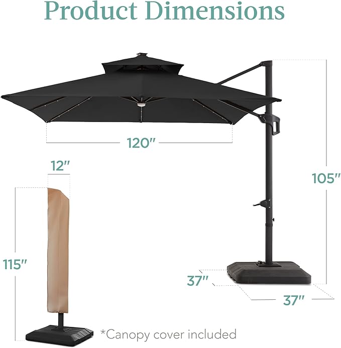 Best Choice Products 10x10ft Cantilever Patio Umbrella w/Base Included, Solar LED Lights 360 Rotation Large Offset Hanging Outdoor Shade for Deck Pool Backyard w/Stand – Gray