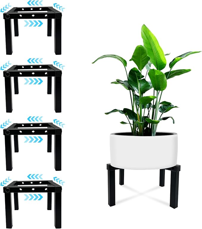 4 Pcs Four Legs Adjustable Metal Plant Stand for 5"-10" Plant Pot – Indoor & Outdoor (Black, 4 Pack)