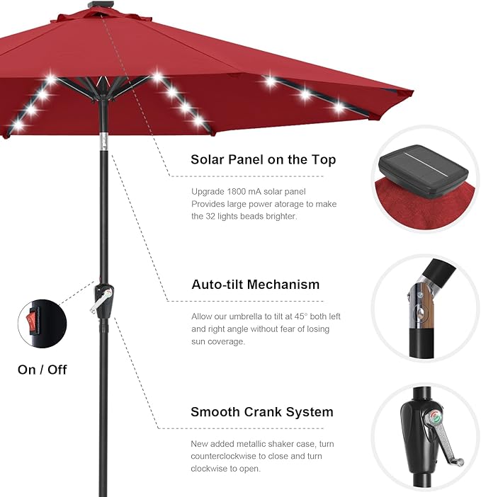 ABCCANOPY Durable Solar Led Patio Umbrellas with 32LED Lights 11FT (Wine Red)