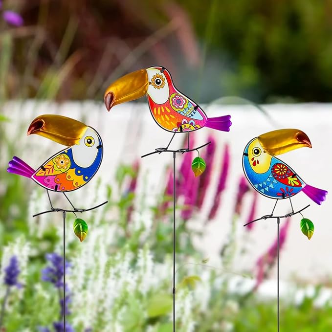 Decorative Garden Stakes,Set of 3 Toucan Stained Glass Metal Yard Art Outdoor,Waterproof Spring Garden Stakes Decorative for Lawn Patio Pathway