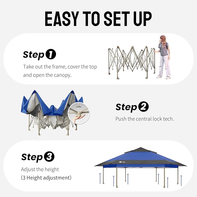 CROWN SHADES 13x13 Pop Up Gazebo with Mosquito Nettings, Patented Center Lock 6-Sided Portable Gazebo, 300D Silver-Coated Fabric UV Resistant, Pop Up Canopy Tent for Patio, Party, Blue&Light Grey