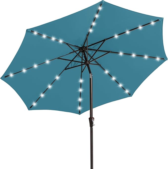 JEAREY 9FT Outdoor Patio Umbrella with Solar Lights, LED Lighted Pool Umbrella with Tilt and Crank, Outdoor Table Umbrellas for Deck, Yard & Market (Lake Blue)