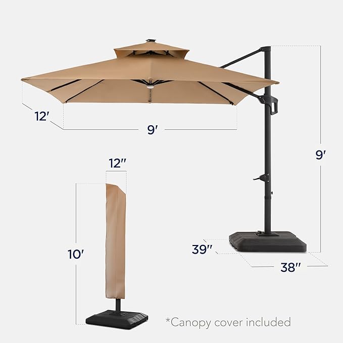 Best Choice Products 9x12ft LED Cantilever Patio Umbrella w/Base Included & 360° Rotation, Large Solar Offset Hanging Outdoor Sun Shade for Deck, Backyard Table w/Stand & Lights – Tan