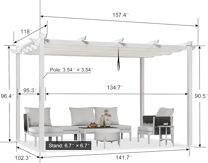 PURPLE LEAF 10' x 13' Aluminum Outdoor Pergola White Retractable Pergola with Double Sun Shade Canopy Wind-Resistant Heavy-Duty Metal Pergola for Patios Deck Backyard Garden, White