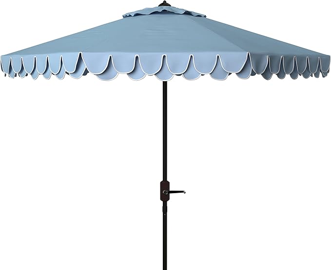 SAFAVIEH 9ft Outdoor Patio Umbrella, Round, Valance, Baby Blue & White Trim, Auto Crank Tilt, UV Resistant for Deck, Backyard, Poolside (PAT8006U)