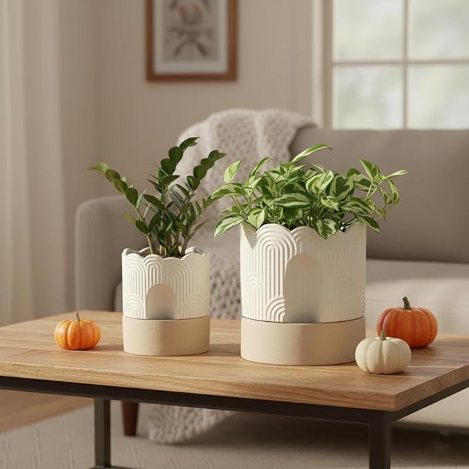 Nihow Self Watering Plant Pot for Indoor Plants : 6 Inch & 8 Inch Ceramic Planter with Drainage Hole & Water Storage - Relief Design Beige & Nature Flower Pot -Set of 2
