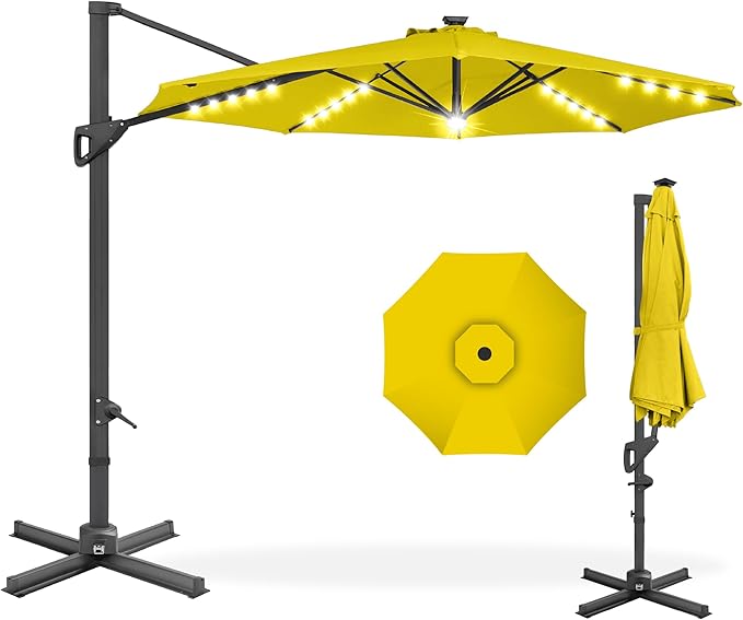 Best Choice Products 10ft Solar LED Cantilever Patio Umbrella, 360-Degree Rotation Hanging Offset Market Outdoor Sun Shade for Backyard, Deck, Poolside w/Lights, Easy Tilt, Cross Base