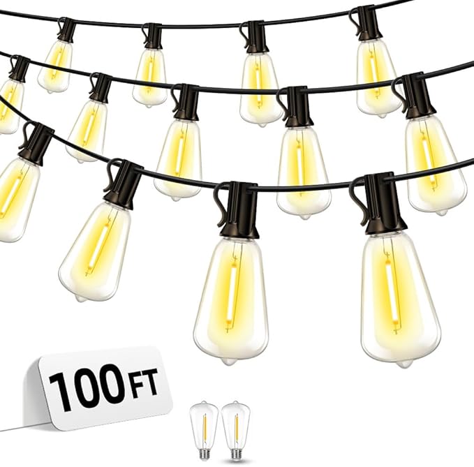 Outdoor Patio String Lights 100ft: ST38 LED Shatterproof Bulbs 3 Modes Button Control - Waterproof Connectable Lights - Wedding Bistro Party Gazebo Backyard Decorative