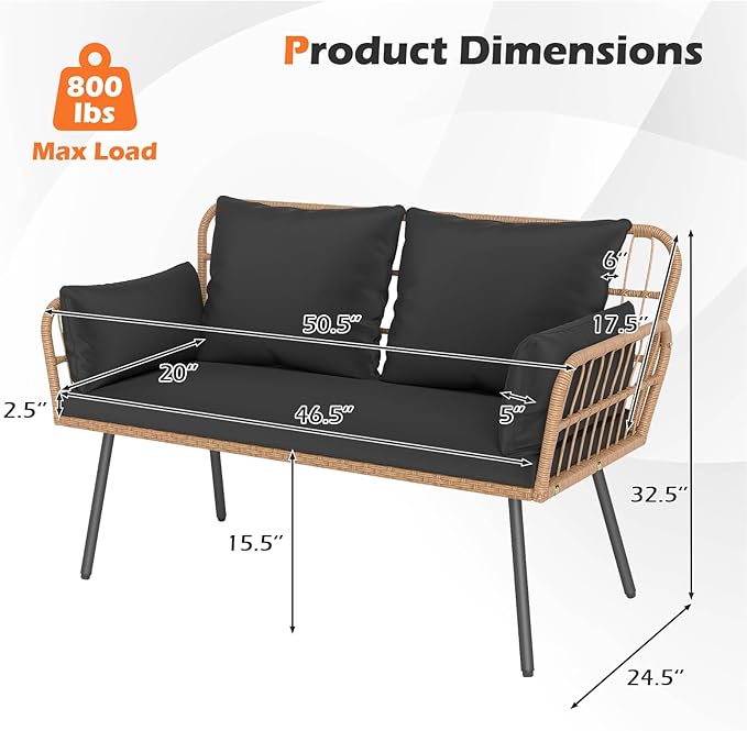 Tangkula Patio Wicker Loveseat, Outdoor Rattan 2-Seat Cushioned Sofa with Heavy Duty Metal Frame, for Backyard,Porch,Poolside (Black)