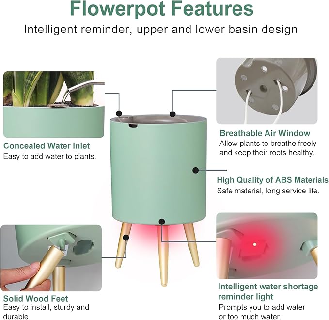 7.8 Inch Planter Pot with Metal Craft Legs, Self Watering Planter Pots with Water Shortage Alarm Planter Pot for Indoor Outdoor Modern Planter for Home & Garden (Green)