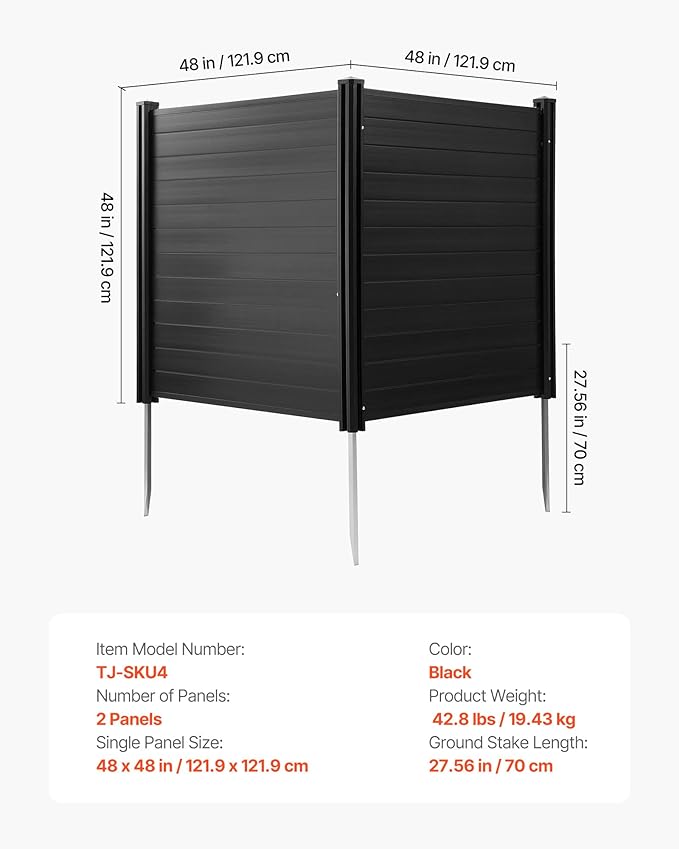 VEVOR 2 Panels Outdoor Privacy Screen, 48 x 48 in Air Conditioner Fence with 27.6 in Ground Stakes, Pool Equipment Enclosure, Horizontal Vinyl Privacy Fence, Ideal for Trash Can and A/C Units, Black