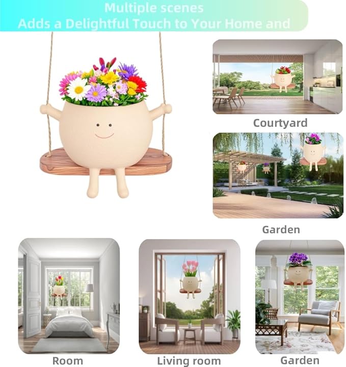 Swing Face Hanging Planter Pot with Drainage Hole - Resin Smiley Flower Pot for Indoor/Outdoor, Pearl Plants & Succulents, for Mothers, Holiday Décor