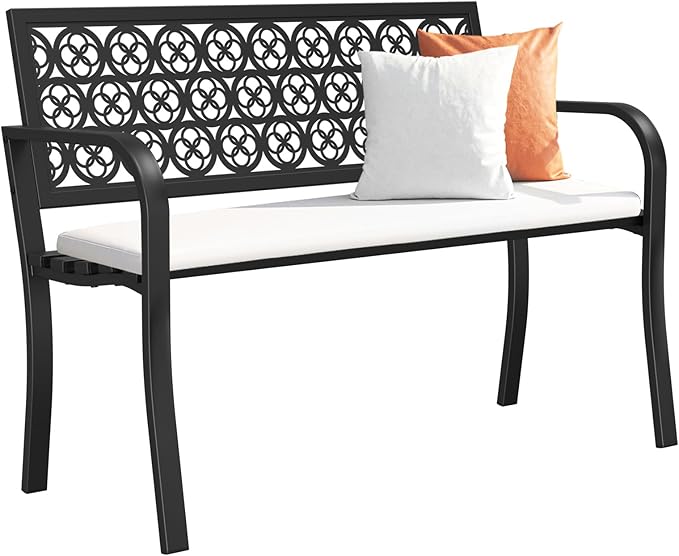 50" Outdoor Bench, Metal Weatherproof Garden Bench Cast Iron Heavy-Duty Patio Bench with Decorative Backrest for Proch Park 880lb Capacity