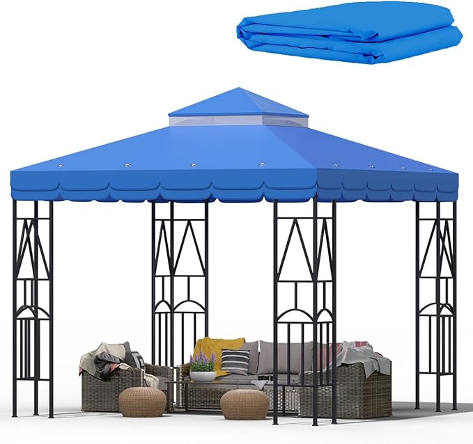 10x10 Canopy Replacement Top Double Tiered Gazebo Cover for Yard, Patio & Garden Durable Sunshade Replacement (Blue with lace)