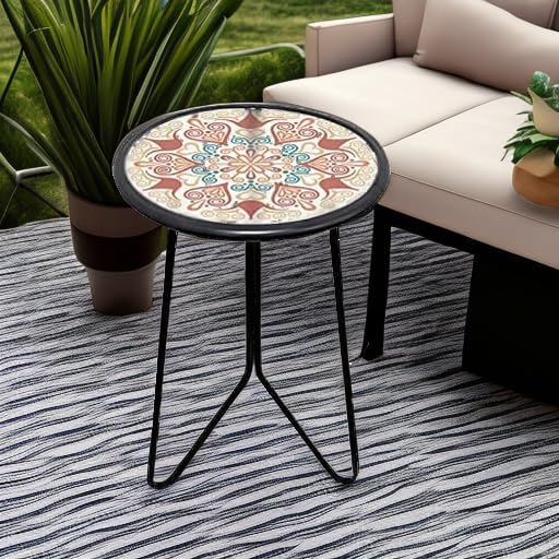 LIFFY Outdoor Metal Side Table,12" Small Outdoor Accent Table with Glass Top,Indoor Round Home Decorative End Table,Weather Resistant Patio Plant Stands Outside for Garden Bedroom Kitchen Balcony