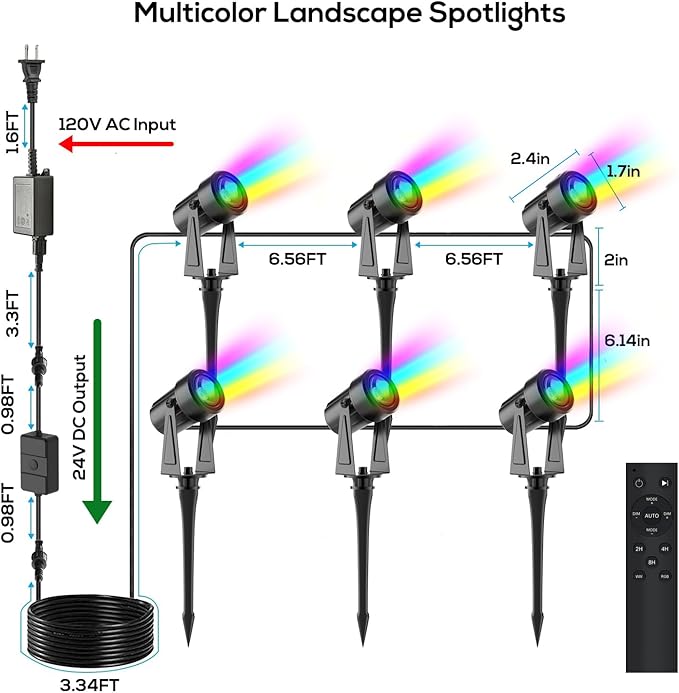 SUNTHIN Outdoor Landscape Lighting with Remote, RGBW Color Changing Spot Uplights, 6 Pack