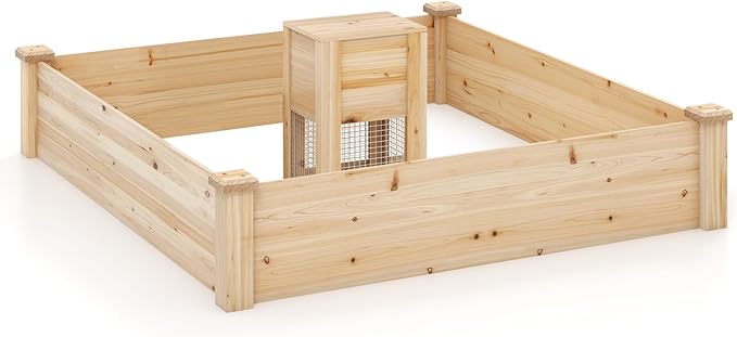 Giantex Raised Garden Bed, 49"x49"x10" Wood Planter Box Kit w/Compost Bin & Open-Ended Bottom for Vegetables, Flowers, Herbs, Fruits, Elevated Square Planting Bed for Patio, Backyard, Garden