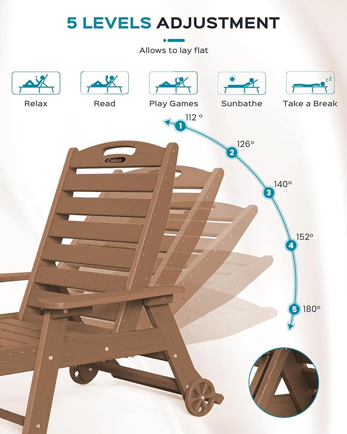Ciokea Outdoor Lounge Chair Set of 4, All Weather Patio Chaise Lounge Chairs for Outside, HDPE Chair with Rolling Wheels & Cup Holder, 5 Position, Deck, Pool, Brown