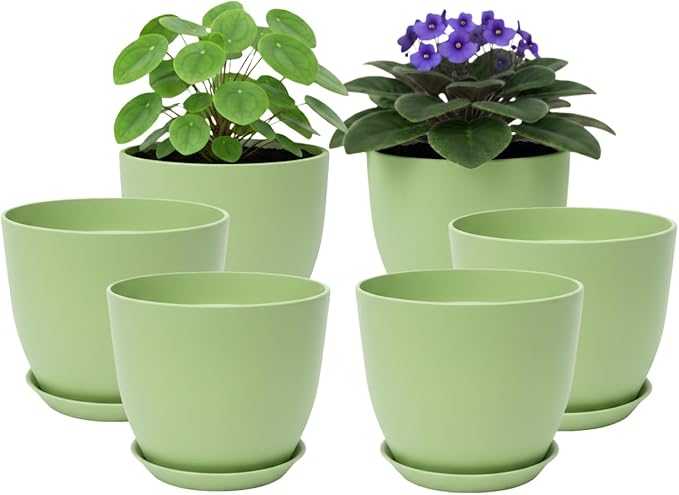 Plant Pots 8 Inch Set of 6, Flower Pots with Drainage Holes and Saucer, Plastic Garden Planters for Indoor & Outdoor Plants (Green)