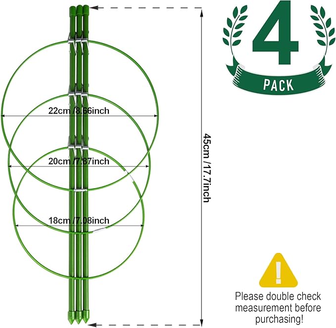 LEOBRO 4 PCS Plant Support Cages, Tomato Cages, Metal Garden Plant Support Ring, Plant Trellis, Plant Stakes for Tomato, Climbing Plant, Flower, Seedlings, 17.7" High, 7.1"/7.87"/8.66" Inner Diameter
