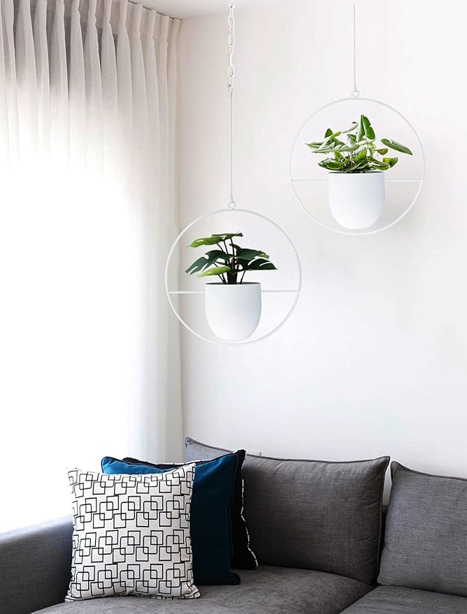 2 Pack Hanging Planters for Indoor Outdoor Plants Modern Metal Plant Hangers, Wall and Ceiling Hanging Plants Baskets Mid Century Minimalist Flower Pots Home Decor (White)