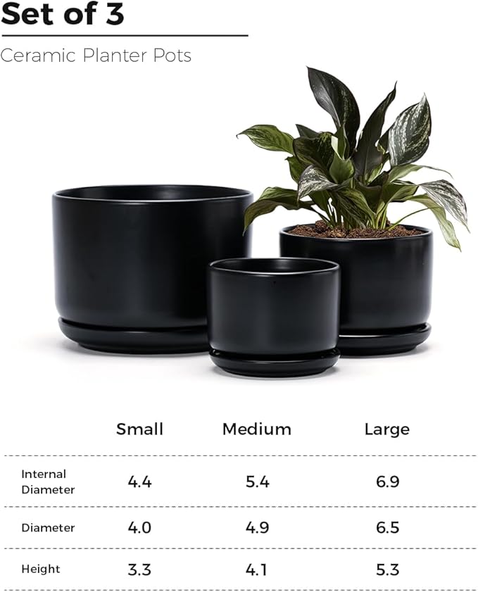 Ton Sin Plant Pots, 4.1+5.1+6.5 inch, Set of 3, Ceramic Planters with Drainage Hole and Saucer, Indoor Flower Pot Gifts for Mom（Matte Black）