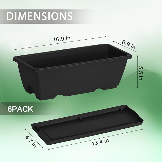 CADUKE 6 PCS Railing Planter Boxes, Black Planter Boxes with Adjustable Bracket, 17 Inch Deck Rail Planters for Outdoor Plants, Flower Pots for Balcony Garden Decor