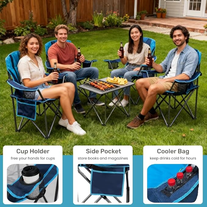 FAIR WIND 2 Pack Heavy Duty Camping Chair, Oversized Padded Folding Chair for Big and Tall (450lbs), Extra Wide Seat with Integrated Cooler & Storage Pocket, Adjustable Lumbar Support for Outdoor